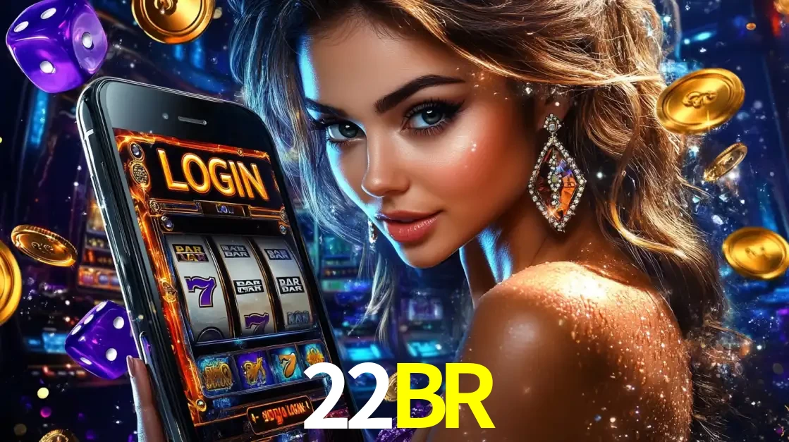 Mulher glamorosa segurando um smartphone com a tela de login para os jogos de caça-níqueis do cassino online 22BR, com moedas de ouro e dados ao redor.