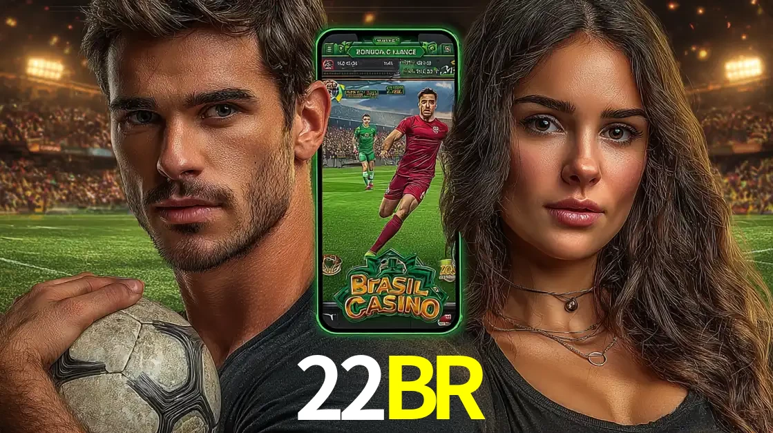 Homem segurando uma bola de futebol e uma mulher ao lado de um smartphone exibindo o jogo de apostas esportivas da 22BR. Faça seu palpite no cassino online.